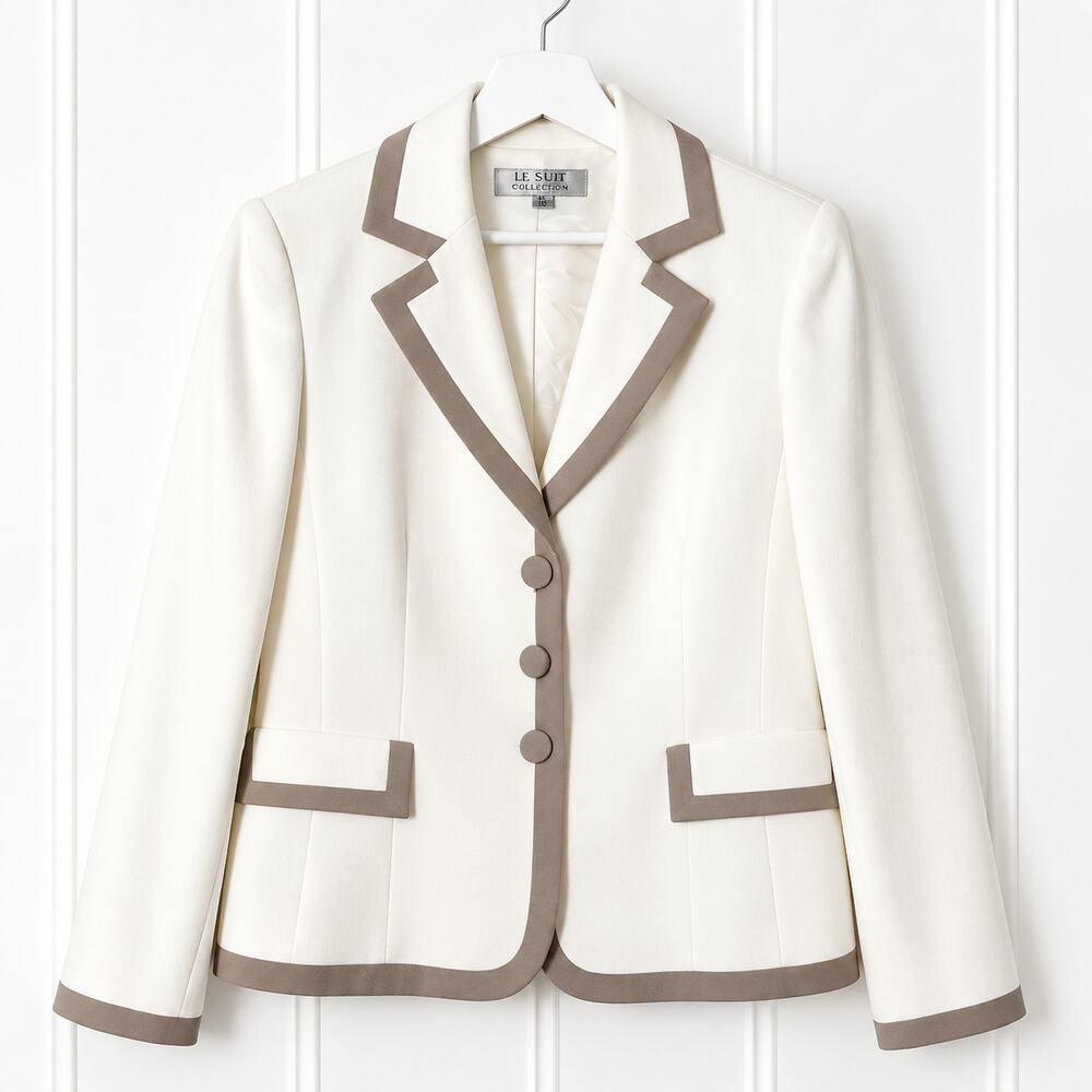 Tahari Arthur S Levine Blazer Womens 8 White Taupe Linen Blend Contrast Trim